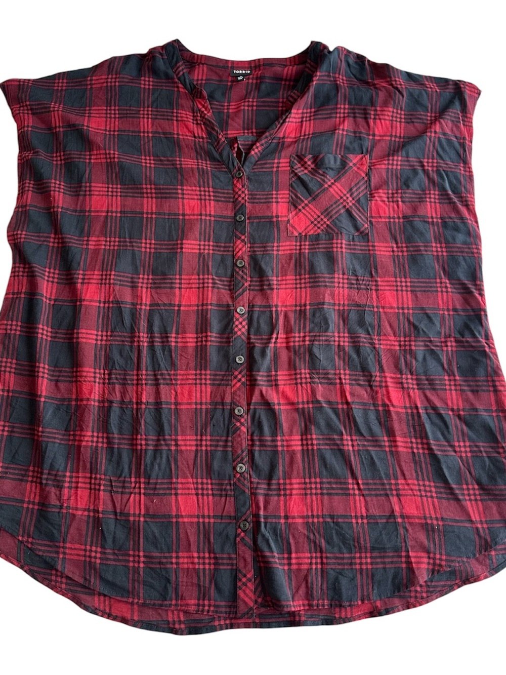 Torrid Red Black Plaid Button Front Sleeveless Pocket Tunic Top Size 5 (30/32)